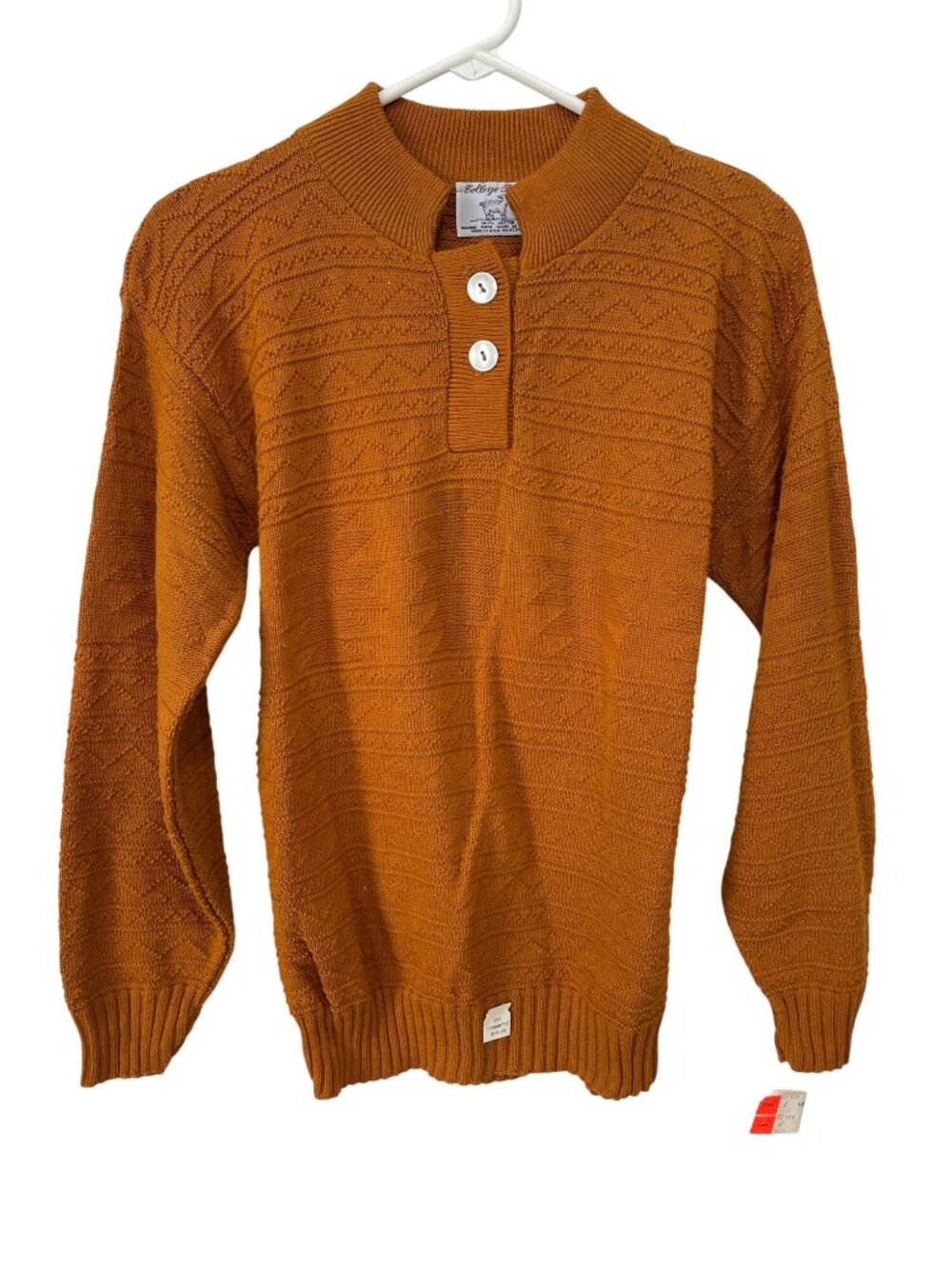 Vintage 80s College Point Henley Sweater Medium Rust Orange Knit Deadstock NEW